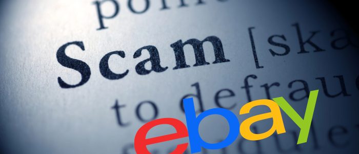 Ein Foto des Wörterbucheintrags des Wortes "Scam", die Begriffserklärung wurde mit dem Logo von eBay überlagert.