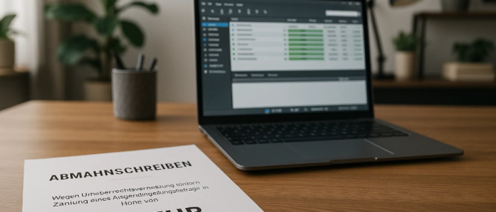 Ein klassischer Fall von Filesharing-Abmahnung: Ein Schreiben mit der Forderung über 650 Euro wegen Urheberrechtsverletzung liegt neben einem Laptop, auf dem eine Tauschbörsensoftware sichtbar ist – Symbolbild für die digitale Grauzone zwischen IP-Adresse und tatsächlichem Täter.